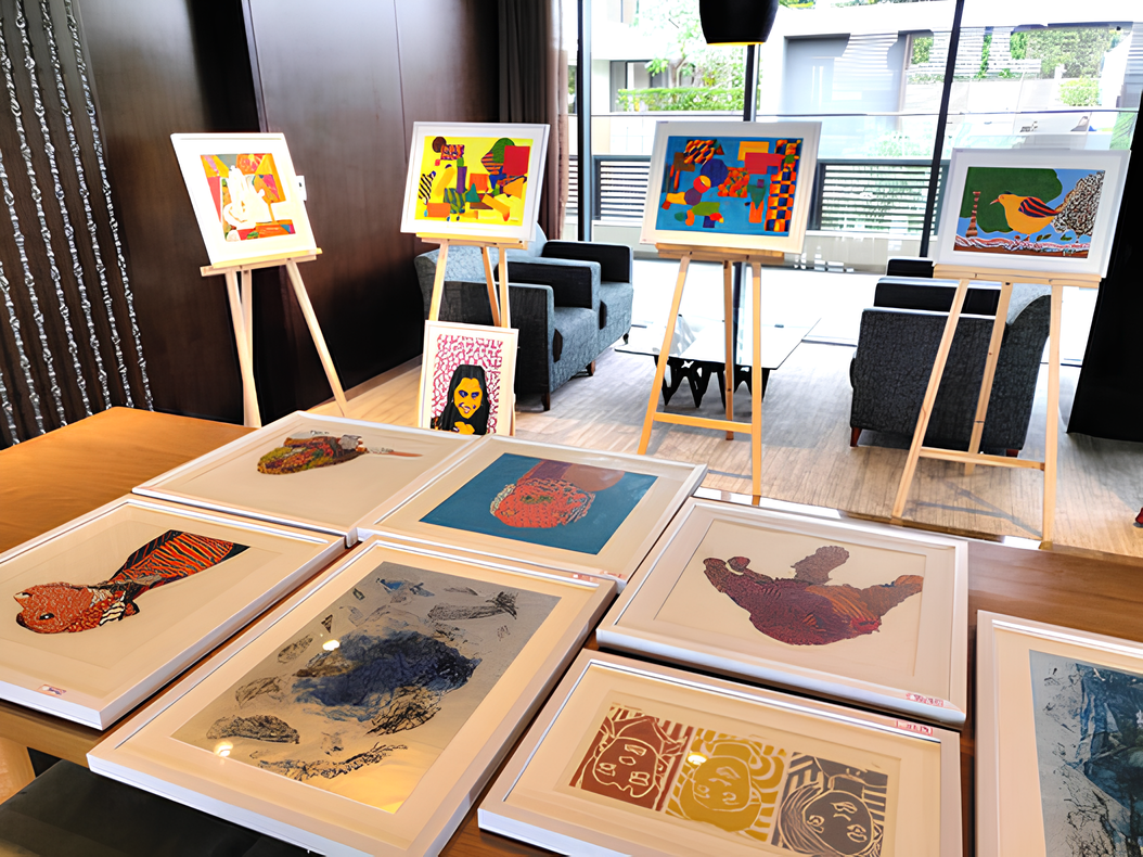 Art classroom with easels and children's artwork